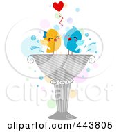 Royalty Free RF Clip Art Illustration Of Two Love Birds Playing In A Bird Bath
