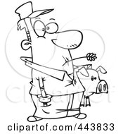 Royalty Free RF Clip Art Illustration Of A Cartoon Black And White Outline Design Of A Farmer Holding His Pig by toonaday