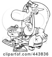 Royalty Free RF Clip Art Illustration Of A Cartoon Black And White Outline Design Of A Sports Fan Holding A Tv Remote by toonaday