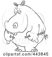 Cartoon Black And White Outline Design Of A Big Hippo Measuring His Waist With A Short Tape