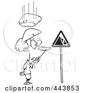 Royalty Free RF Clip Art Illustration Of A Cartoon Black And White Outline Design Of A Rock Falling Down On A Woman
