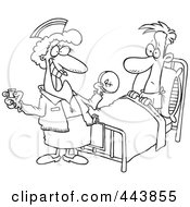 Royalty Free RF Clip Art Illustration Of A Cartoon Black And White Outline Design Of A Nurse Giving A Patient Medication by toonaday