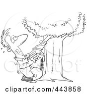 Cartoon Black And White Outline Design Of A Man Tugging An Arm From His Family Tree
