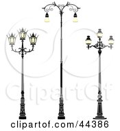Clipart Illustration Of A Collage Of Three Wrought Iron Street Lamps