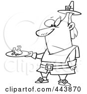 Poster, Art Print Of Cartoon Black And White Outline Design Of A Pilgrim Man Carrying A Meagre Meal