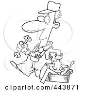 Poster, Art Print Of Cartoon Black And White Outline Design Of A Repair Man Carrying A Tool Box