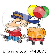 Poster, Art Print Of Cartoon Boy Pulling A Pumpkin In A Wagon