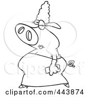 Poster, Art Print Of Cartoon Black And White Outline Design Of A Fancy Pig In A Dress