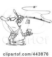 Poster, Art Print Of Cartoon Black And White Outline Design Of A Man Fancy Fishing With Wine
