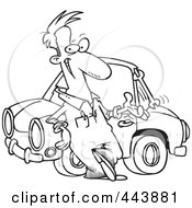 Poster, Art Print Of Cartoon Black And White Outline Design Of A Male Auto Mechanic Tossing A Wrench