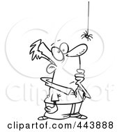 Royalty Free RF Clip Art Illustration Of A Cartoon Black And White Outline Design Of A Fascinated Man Watching A Spider by toonaday