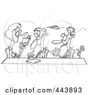 Cartoon Black And White Outline Design Of A Business Team Clowning Around In A Meeting