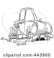 Poster, Art Print Of Cartoon Black And White Outline Design Of A Mechanic Working Under A Car