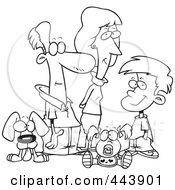 Poster, Art Print Of Cartoon Black And White Outline Design Of A Pleasant Family