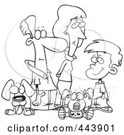 Royalty Free RF Clip Art Illustration Of A Cartoon Black And White Outline Design Of A Pleasant Family