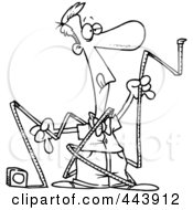 Poster, Art Print Of Cartoon Black And White Outline Design Of A Man Trying To Use Measuring Tape