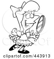 Royalty Free RF Clip Art Illustration Of A Cartoon Black And White Outline Design Of A Pretty Girl Holding A Mirror