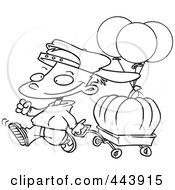 Cartoon Black And White Outline Design Of A Boy Pulling A Pumpkin In A Wagon
