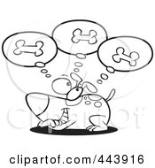 Poster, Art Print Of Cartoon Black And White Outline Design Of A Dog Day Dreaming Of Bones