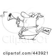 Poster, Art Print Of Cartoon Black And White Outline Design Of A Man Holding A Bonus And Blowing A Horn