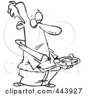 Poster, Art Print Of Cartoon Black And White Outline Design Of A Man Carrying A Meager Dinner Plate
