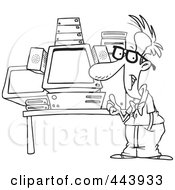 Royalty Free RF Clip Art Illustration Of A Cartoon Black And White Outline Design Of A Mega Computer Geek by toonaday