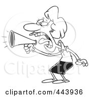 Poster, Art Print Of Cartoon Black And White Outline Design Of A Businesswoman Using A Megaphone