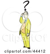 Clipart Illustration Of A Confused Caucasian Man In A Yellow Suit Standing Under A Question Mark
