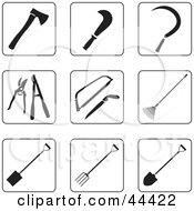 Clipart Illustration Of A Digital Collage Of Black And White Tools For Gardening Icons