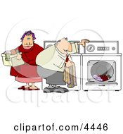 Overweight Man And Woman Washing Clothes Together On Laundry Day