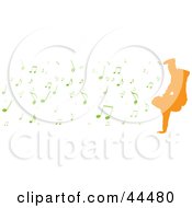 Royalty Free RF Clip Art Of Digital Collage Of A Silhoeutte Of An Orange Breakdancer With Green Music Notes by michaeltravers