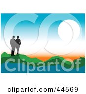Clipart Illustration Of A Silhouetted Couple On Hills Watching A Sunset