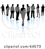 Clipart Illustration Of A V Formation Of Silhouetted Business Men And Women With Blue Reflections