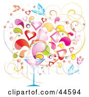Poster, Art Print Of Background Of Colorful Splashes Hearts And Butterflies Emerging From A Martini Glass