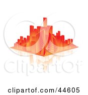 Clipart Illustration Of A Red And Orange City Skyline On A Reflective White Surface