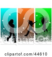 Poster, Art Print Of Silhouetted Girl Running And Jumping Over Green Orange And Blue Panels