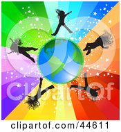 Girls Jumping Around Earth On A Rainbow Background