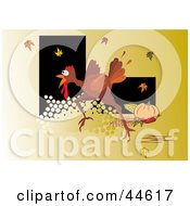 Poster, Art Print Of Frightened Turkey Running On An Orange Background With Leaves