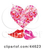 Clipart Illustration Of A Pair Of Red And Pink Female Lips Kissing With A Heart