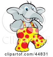 Poster, Art Print Of Young Elephant Wearing Spotted Overalls And Walking Upright