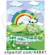 Poster, Art Print Of Curious Spotted Green Froggy Character Near A Rainbow And Pond Watching A Bird