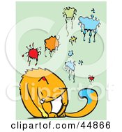 Royalty Free RF Clipart Illustration Of A Cat Licking Paint Off Of Its Fur Sitting Next To A Wall With Paint Splatters by xunantunich