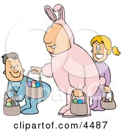 Single Father Wearing An Easter Bunny Costume And Participating In An Easter Egg Hunt With His SonAmpDaughter Clipart by djart