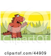 Friendly Waving Red Stegosaur Standing Upright In A Grassy Meadow