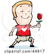 Sweet Blond Caucasian Boy Character Holding A Red Rose