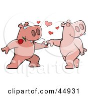 Poster, Art Print Of Amorous Pink Hippo Character Biting A Rose And Dancing With A Female