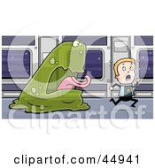 Royalty Free RF Clipart Illustration Of A Scared Space Explorer Kid Running From A Green Blob Monster by Cory Thoman