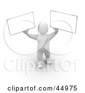 Royalty Free RF Clipart Illustration Of A 3d Blanco Man Character Holding Up Two Signs by Jiri Moucka
