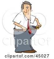 Skinny Man Wearing His Fat Pants Holding The Belt Away From His Waist