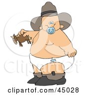 Poster, Art Print Of Chubby Cowboy Baby In Boots A Hat And Diaper Holding A Toy